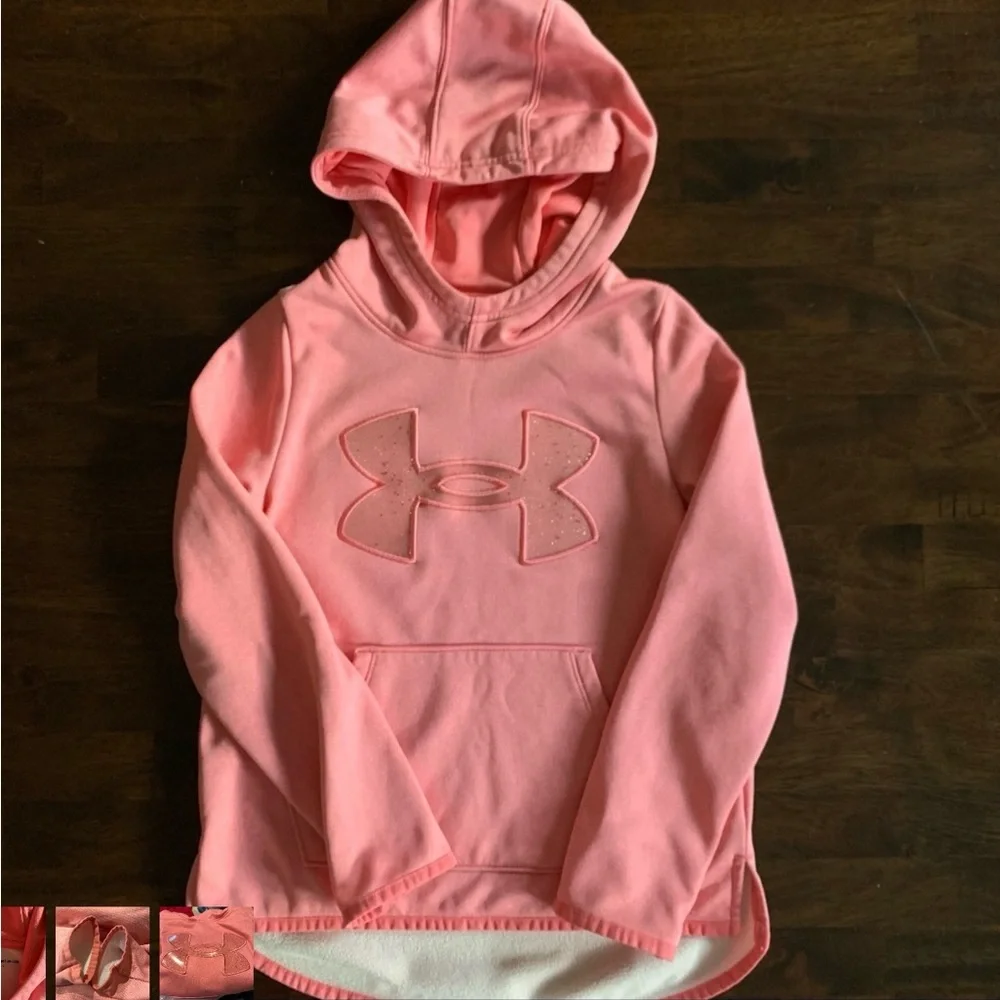 Under Armour Kids Peach Pink Sparkle Logo Hoodie Sweatshirt Size YSM Small EUC